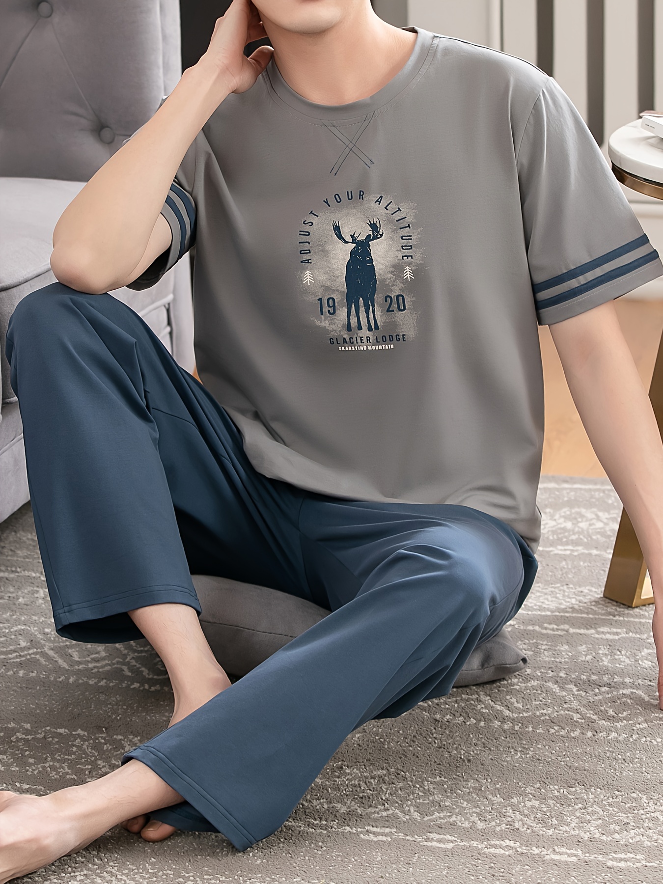 Summer Men's Pajamas Pure Cotton Short Sleeve Long Pants Slim Fit Plus Size Youth Loose Home Wear Set