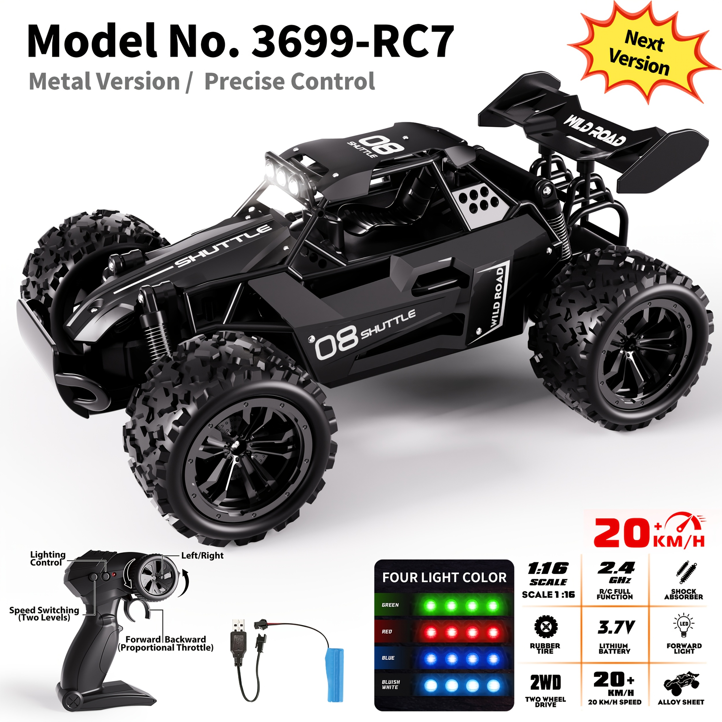 k k 1 16 2wd metal rc truck   version high   to 20km h 2 4ghz alloy body with 4 color headlights with usb rechargeable battery ideal gift for halloween christmas thanksgiving