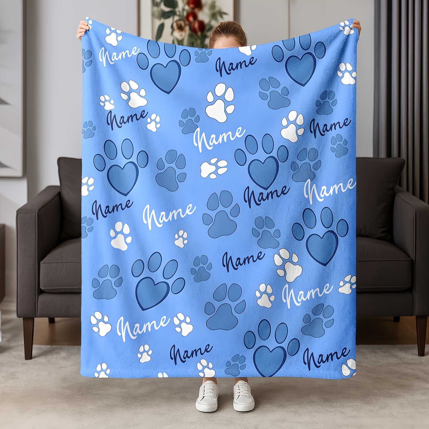 Personalized Pet Blanket with Custom Name, Paw Print Pattern