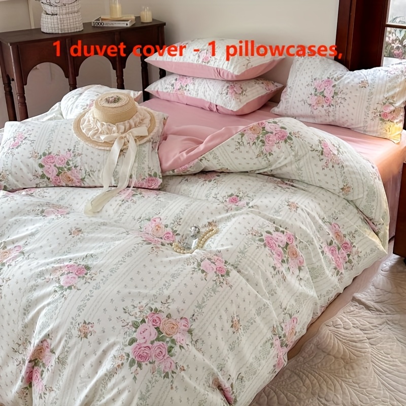 2/3pcs Romantic Fresh Country Style Rose Flower Pattern Bedding, 1pc Duvet Cover And 1/2pcs Pillowcases, Pillow Inserts Not Included