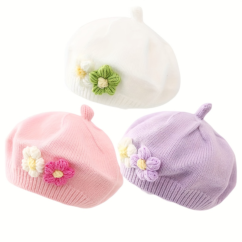 Image of 3pcs/pack Baby Hats For 3-36months Baby Beret Hat Toddler Autumn Knitted Beanie Cap With Cute Flower Little Girls French Hat For 0-3years Baby Birthday Gift
