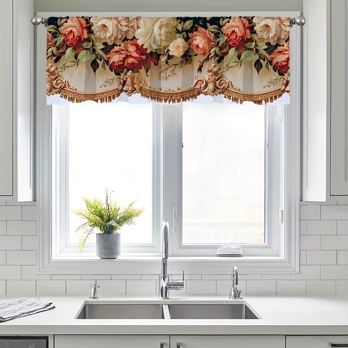 TEMU 2D Plat, 2D Plat Bedrukt Victoriaans Romantisch Rozen Keuken Volant, Vintage Bloemenprint Kort Raamgordijn, Kleurvast Lichtfilterend voor Café &