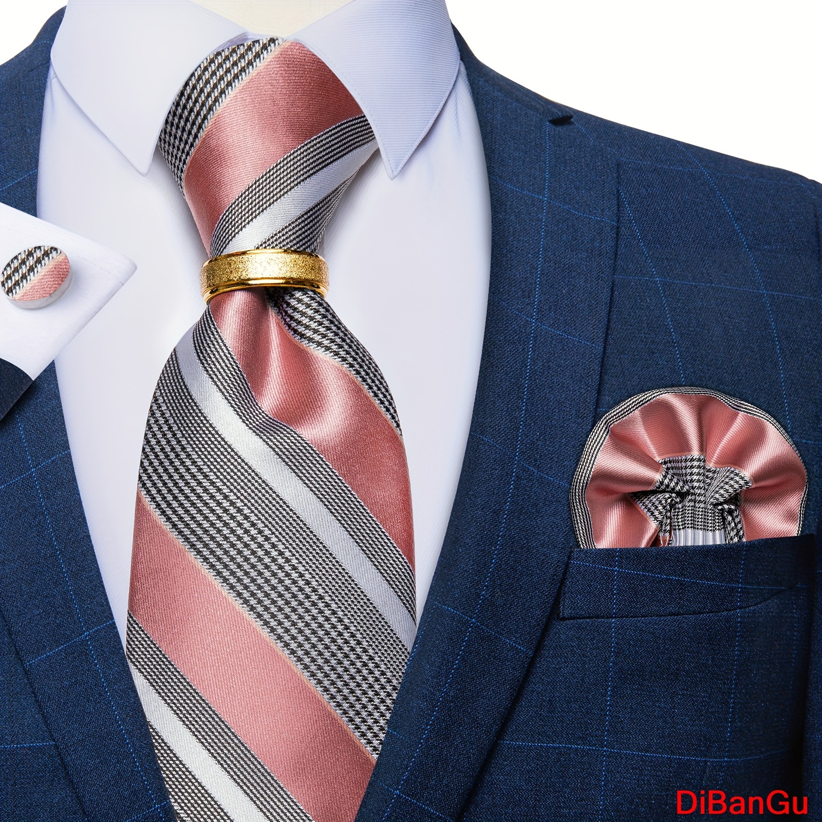 

Dibangu Men's Silk Striped & Hanky & Cufflinks & Pocket Square Set, For Wedding Prom, Father's Day Gift