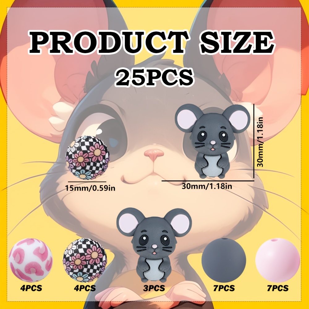 TEMU 25 pièces Lot de Perles en : de Souris Grise avec à Carreaux, Floraux et Léopard en et Rose, Éléments Automne/Hiver. Idéal pour Décorations de