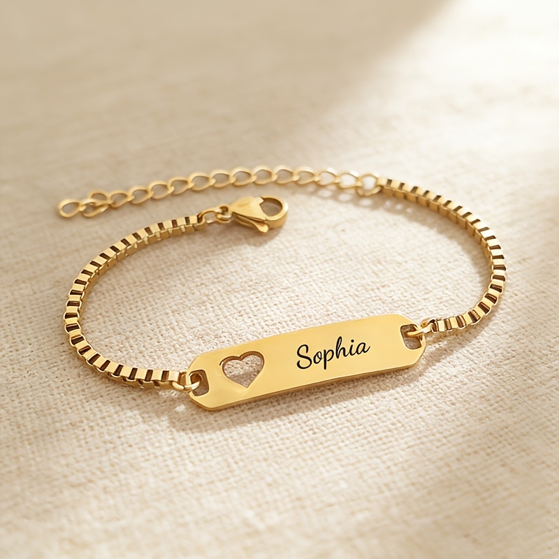 TEMU Bracelet Personnalisé Cœur , Plaqué Or 18k en Acier Inoxydable 304L, Charm Cœur , Bracelet Chaîne Boîte, Cadeau Moderne pour Anniversaire/Fête