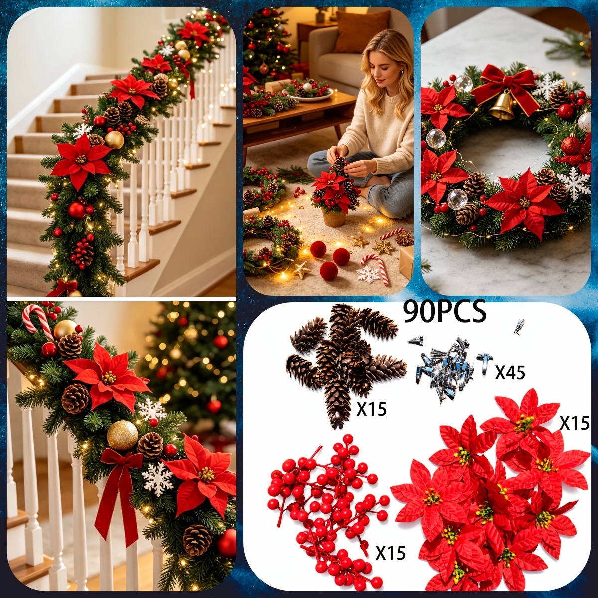 TEMU Set da 90 pezzi di fiori decorativi festivi vivaci, fiori artificiali con combinazione di artificiali e rosse, clip di fissaggio, adatti per