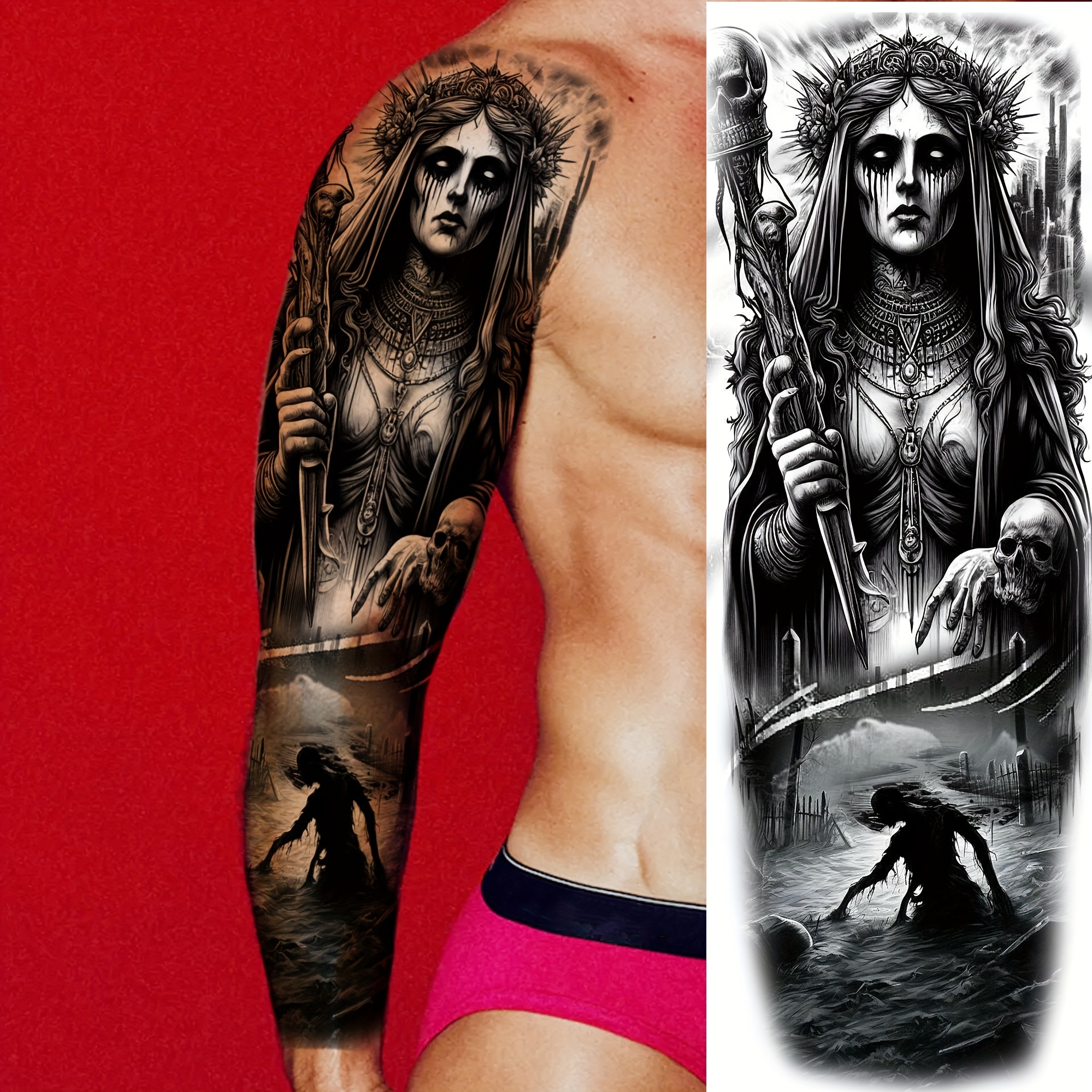1pc Full Arm Gothic Halloween Temporary Tattoo Sticker - Dark Fantasy with Skull, Vampire, Demon, and Death Theme - Waterproof and Long-Lasting for Women, Men, Adults, Thighs, Forearms, and Legs