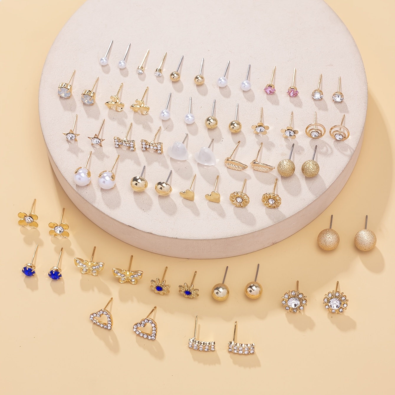 60pcs Cute Heart-Shaped Bow Flower Earring Set, Gift