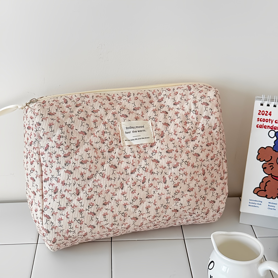TEMU Makeup Bag Soft Fabric Stitching Corduroy Full Of Pink Floral Zipper Large Capacity Portable Makeup Bag Set Additions Storage Bag Handbag Wash