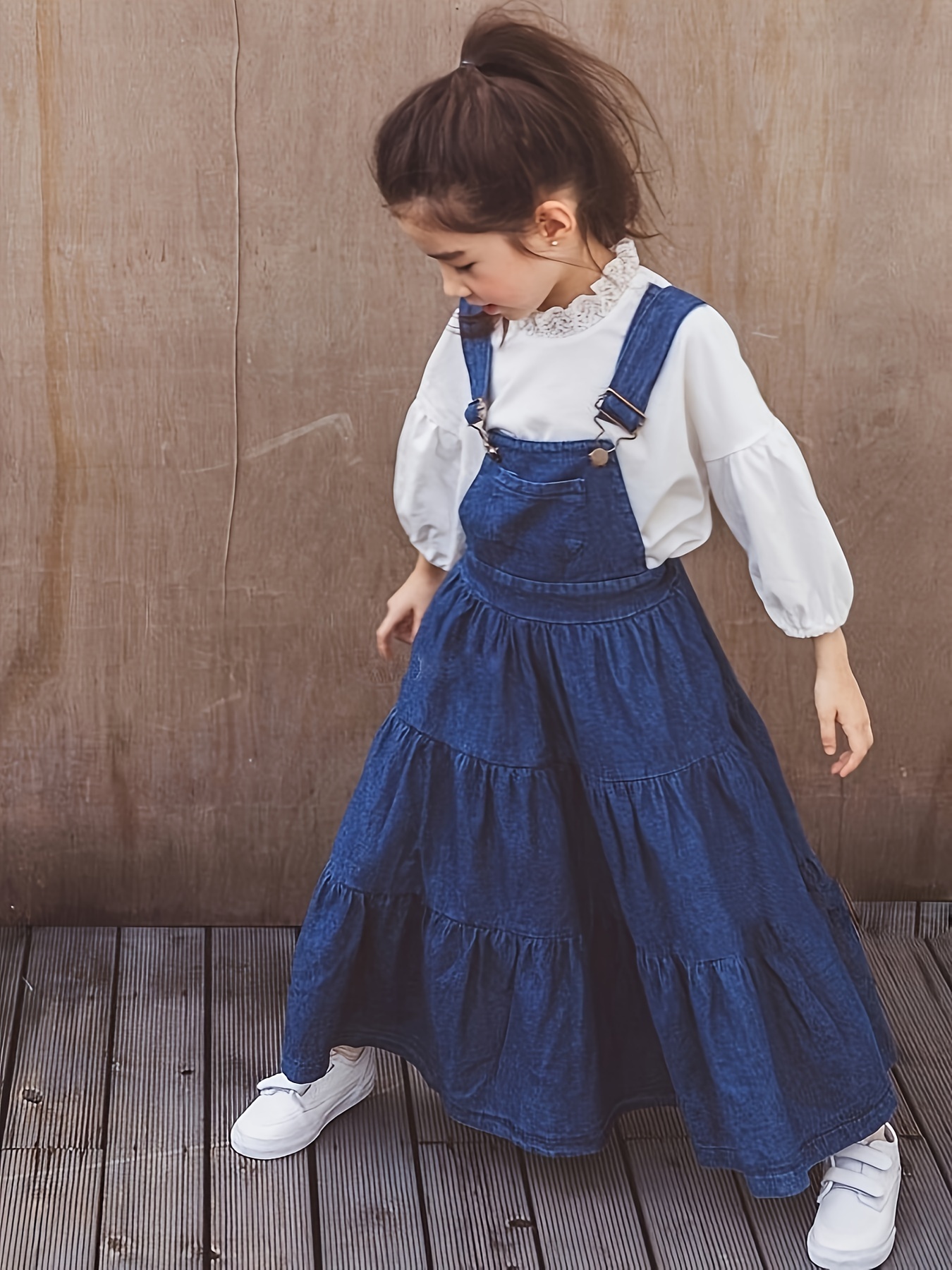 light blue washed faux denim dress with floral embroidery - casual summer  pockets, adjustable straps & elastic waistband, cute faux denim dress for,  faux denim dresses, casual wear, decorative flower embroidery, -