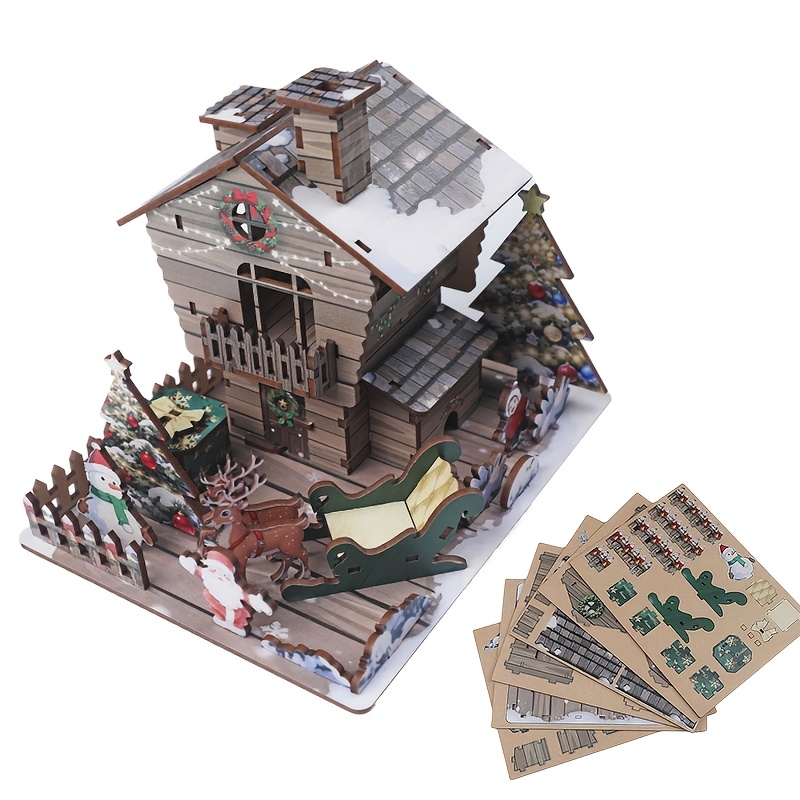 Image of 1pc, 3d 3d Christmas Wooden House Assembly Model | Snowman+reindeer+christmas Tree! Daily Assembly Interaction/home Decor/creative Gifts/fun Handicrafts/christmas Window Decoration