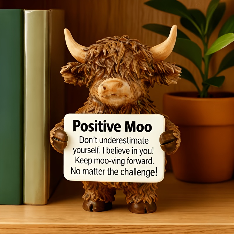 TEMU 1 Highland Cow Resin Statue, Suitable For Pastoral-style Decor In Living Rooms, Studies, And Other Settings. The Statue An Optimistic Highland