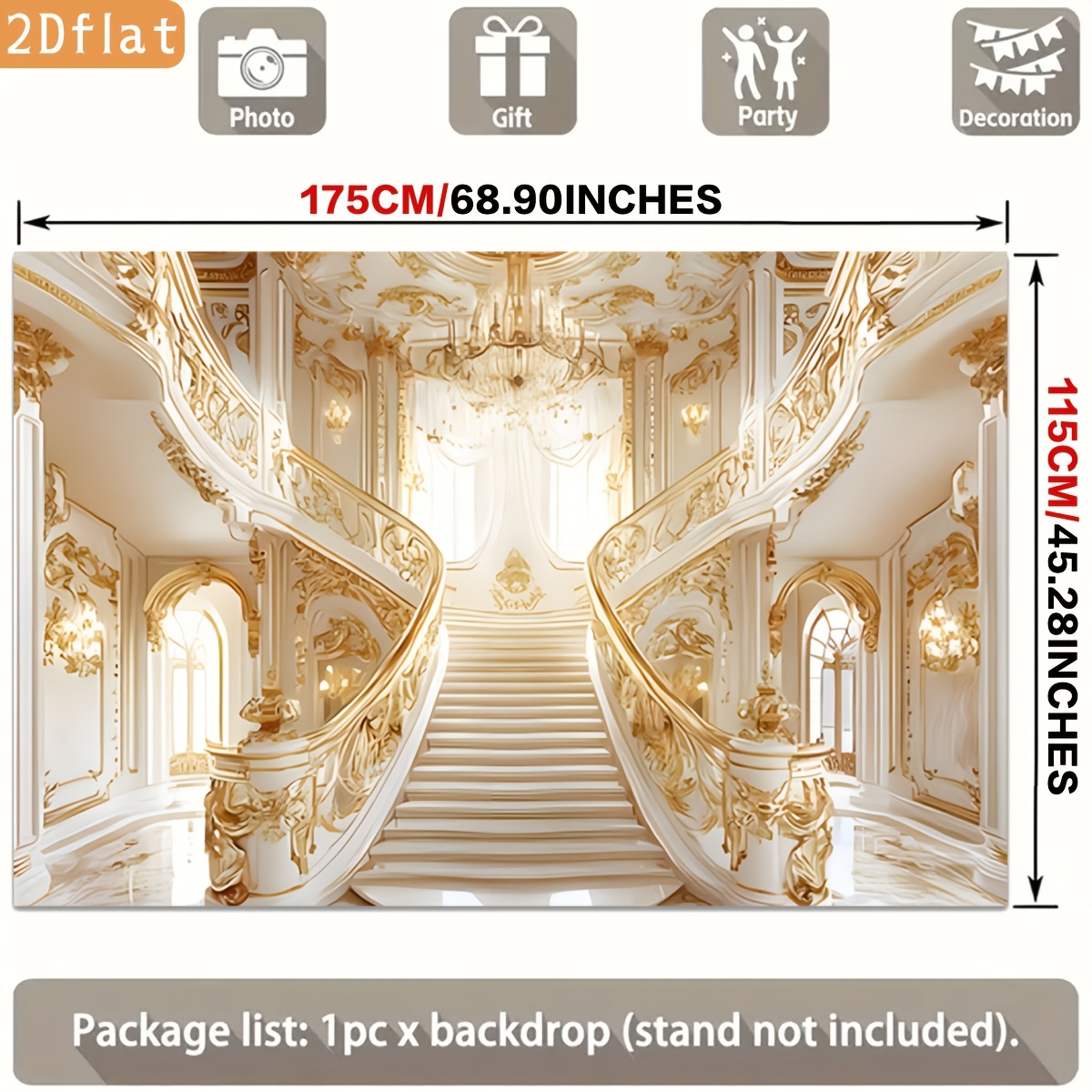 Golden Ornate Staircase White Marble Chandelier Backdrop Banner for Parties