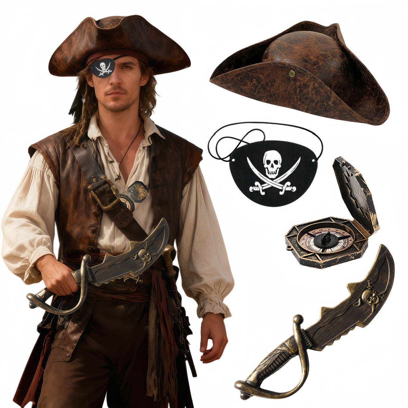 Image of Pirate Theme Costume Set, Pirate Captain Accessories, Unisex For Halloween, Carnival, Christmas, Pirate Cosplay Parties, And Stage Performances