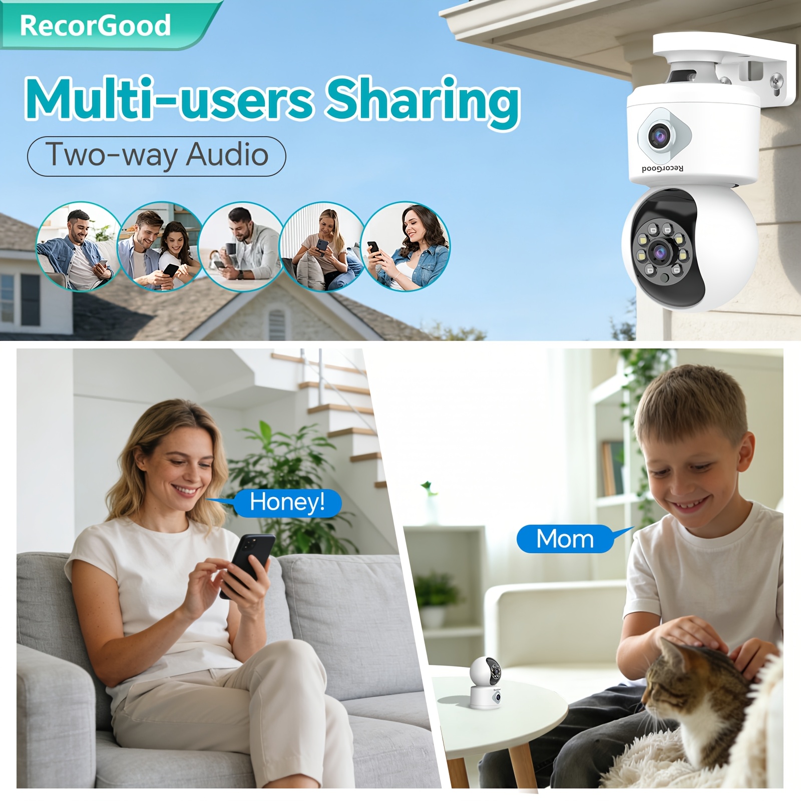 1pc Wireless Dual-Lens Security Camera, Home Property Monitoring, Color Night Vision, AI Motion Detection, PTZ Pan-Tilt Rotation, Multi-User Sharing, Two-Way Talk, Sound And Light Alarm Push, Supports 2.4Ghz Wi-Fi, for Garage