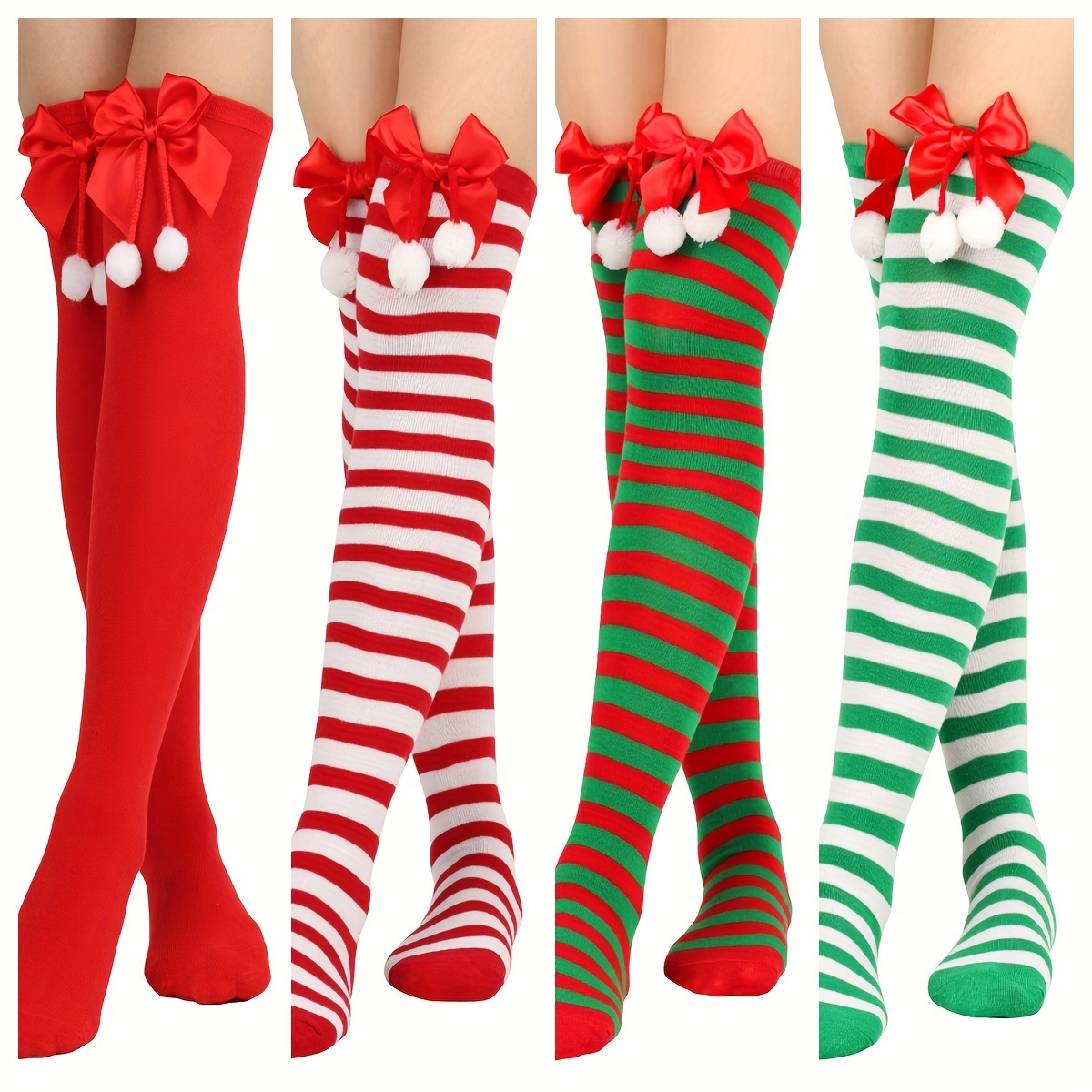 

Elegant Women's Christmas Striped Over-the-knee Socks With Bow Detail - Cozy Polyester , Hand Washable, Christmas, Knee-high Socks, Bow, Striped