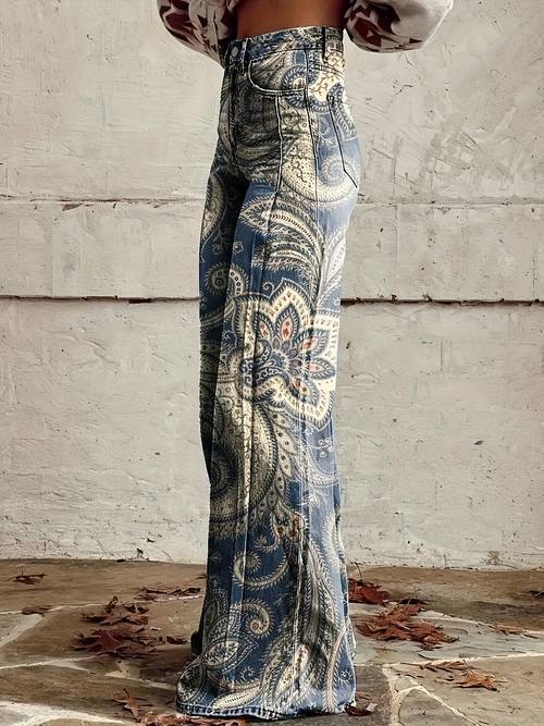 womens retro graffiti paisley print wide leg jeans loose comfy ombre wash denim pants 3d colorful striped vintage design machine washable casual wear comfortable fashion snowflake embellishments