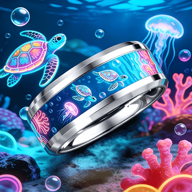 Neon Underwater Turtle & Jellyfish Print Stainless Steel Ring