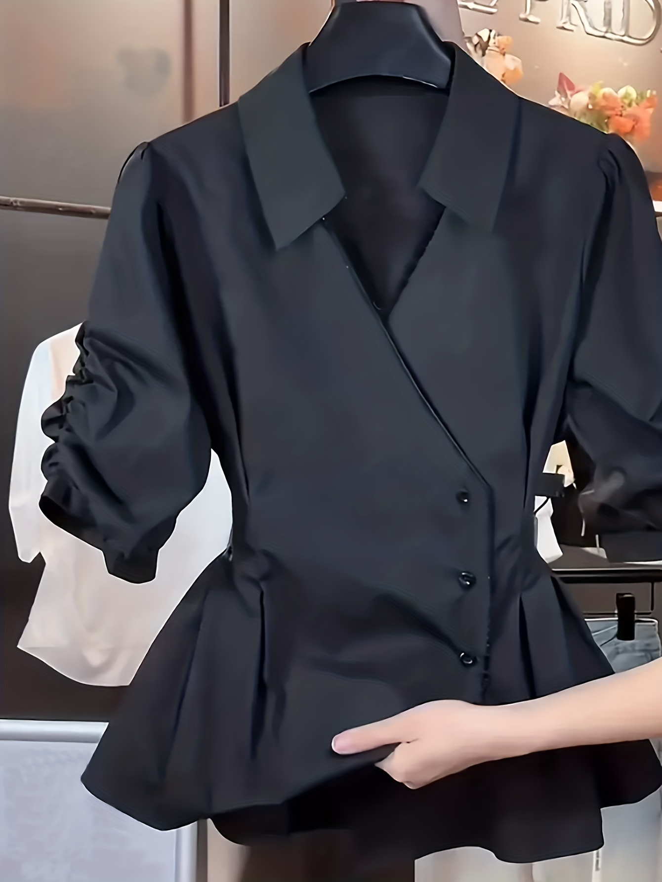 elegant and sophisticated womens puff sleeve shirt v neck   waist cinching skirt