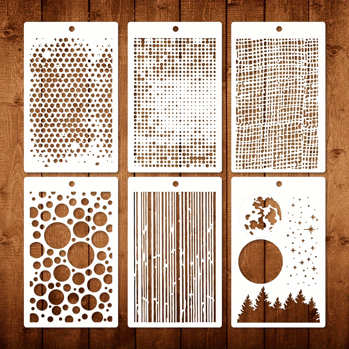 

6pcs Diy Plastic Stencils Set - Reusable Point, Circle, Vertical Moonlight, Tree Forest, Starry Sky Embossing Templates For Scrapbooking, Painting, And Photo Gifts