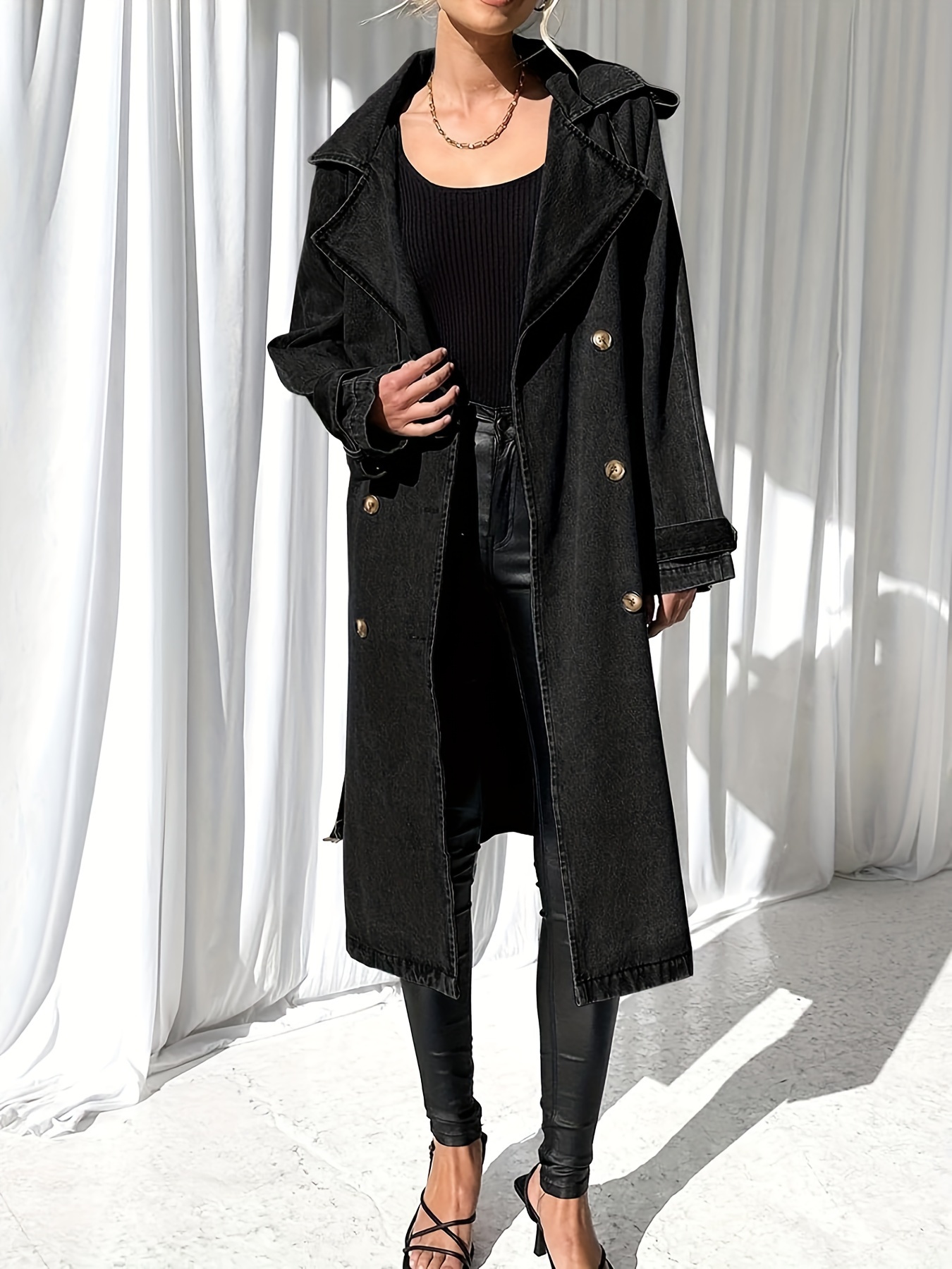 women's long double breasted denim jacket oversized button