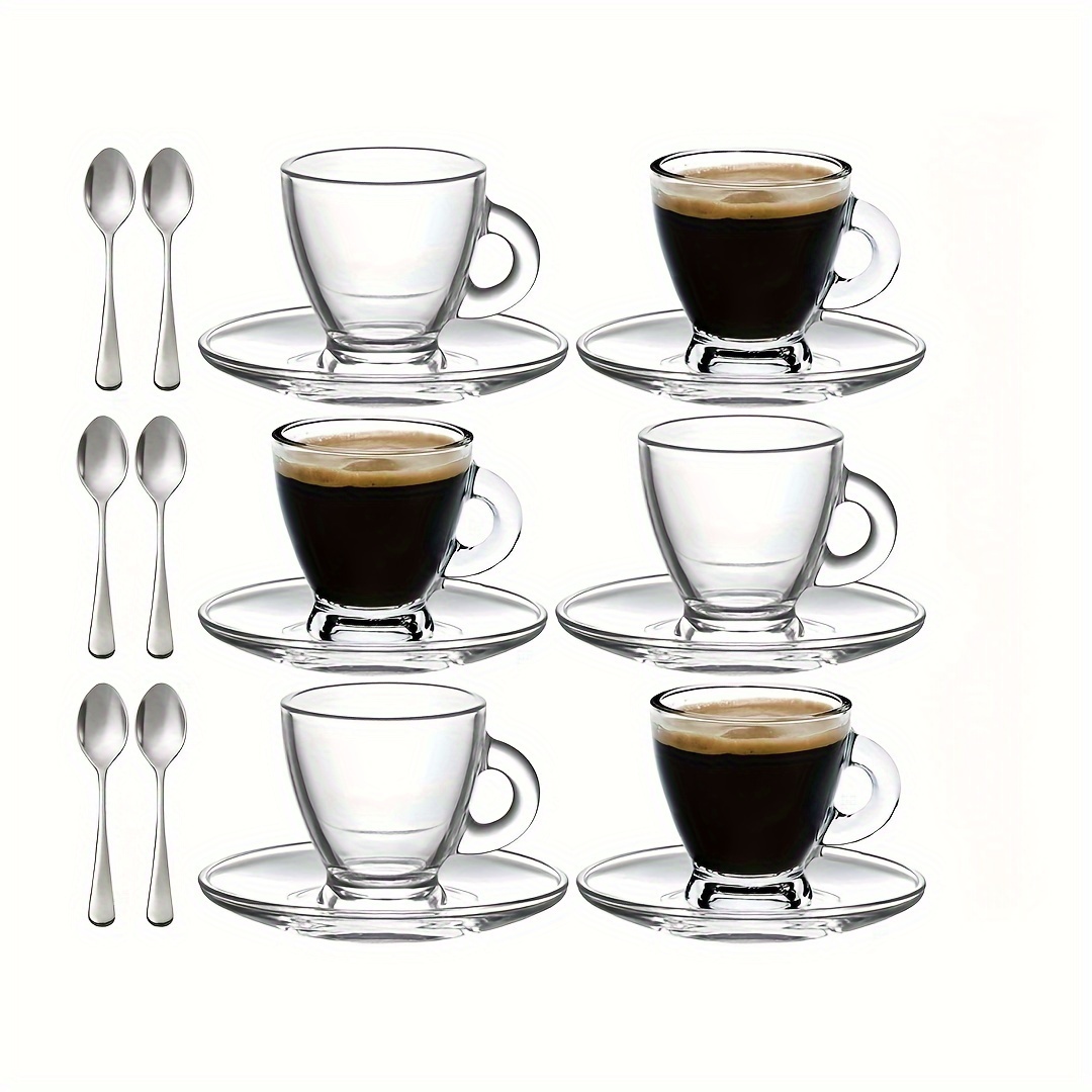 

1/6 Ensembles, Ensemble Tasses à Espresso et Soucoupes, 3.2 Oz Petites Tasses à Café Expresso en Verre Transparent, Y Compris Tasses, Soucoupes et Mini Cuillères en Acier Inoxydable