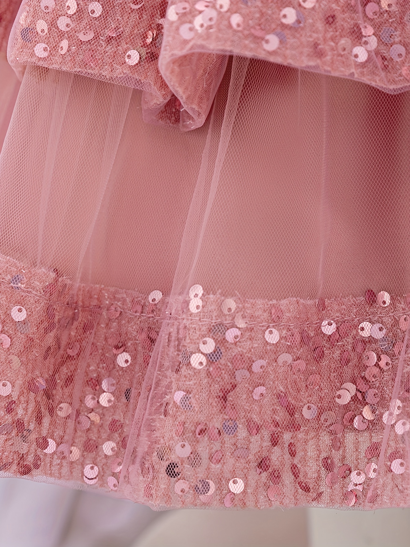 measuring front skirt girls pink sequin dress with multi layered ruffles and flower fairy Product details 3