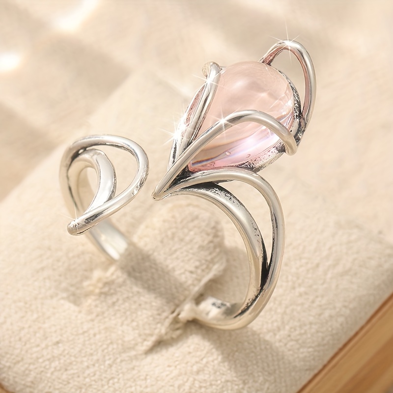 E-shop Niedlicher Damenring mit synthetischem Mondstein in silberner Farbe – Fuchs-Tier Hochzeitsringe, Versprechen offener verstellbarer Schmuck für