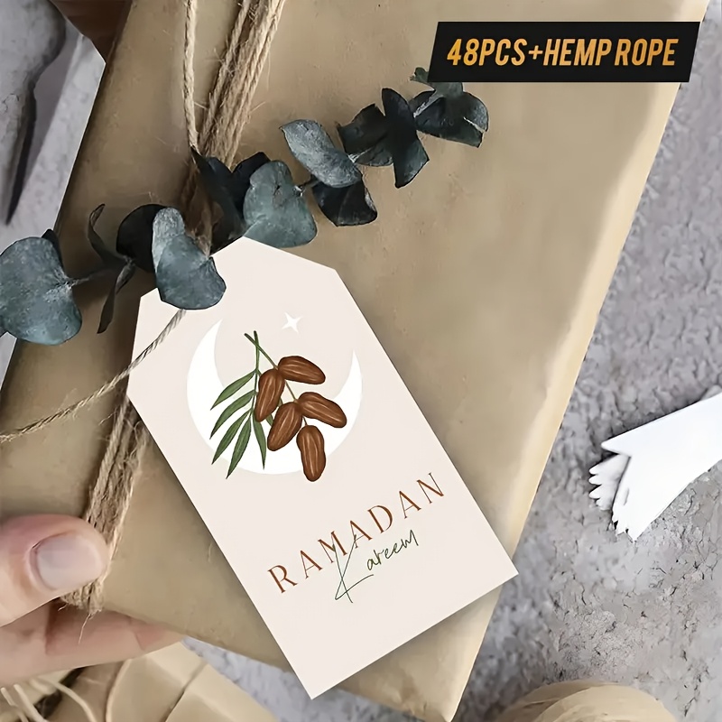 Image of 48pcs Ramadan Kareem Gift Tags With Hemp Rope | Mixed Color Paper, Fresh , Featuring Fruits And Crescent, Ideal For Literary Gift Decoration, Festive Item Labels, Spotlight Gift Box