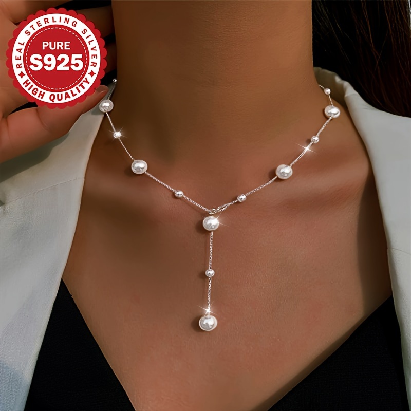 

Elegant 925 Sterling Silver Necklace With Shell Pearls, , Wear Design, Allergy-friendly 11.2g, Ideal For Parties, Banquets, Weddings, Valentine's Day Gift