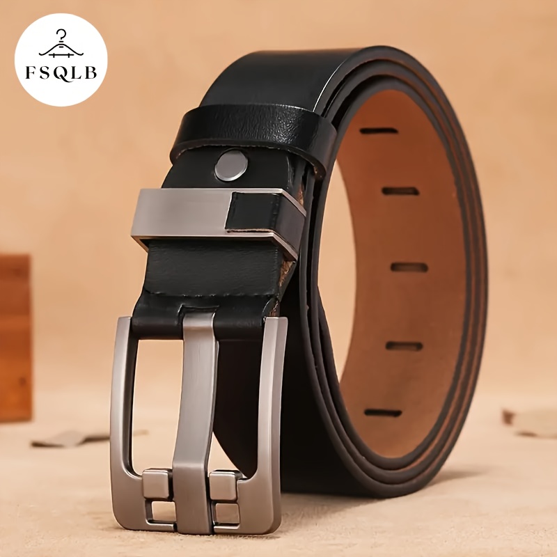 TEMU Men's Genuine Leather Belt, Vintage Style, Casual Size, With Alloy Square Buckle, For Men