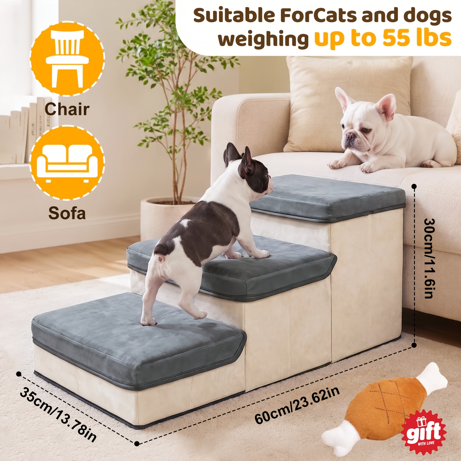 TEMU 4-step/ Foldable Dog Stairs With Free Chicken Leg Plush Toy Gift For Small Dogs, Storage Ottoman Pet Steps Non-slip Soft , High Bed Couch Sofa