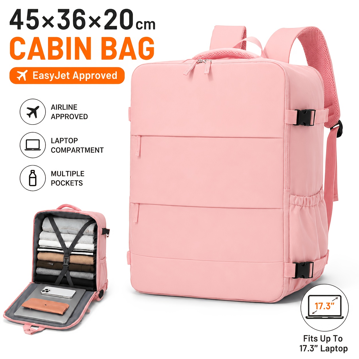 TEMU Easyjet Cabin Backpack For Men And Women - Large Carry-on Suitcase With Laptop Compartment Suitable For Up To 17.3" Laptop, Lightweight Travel