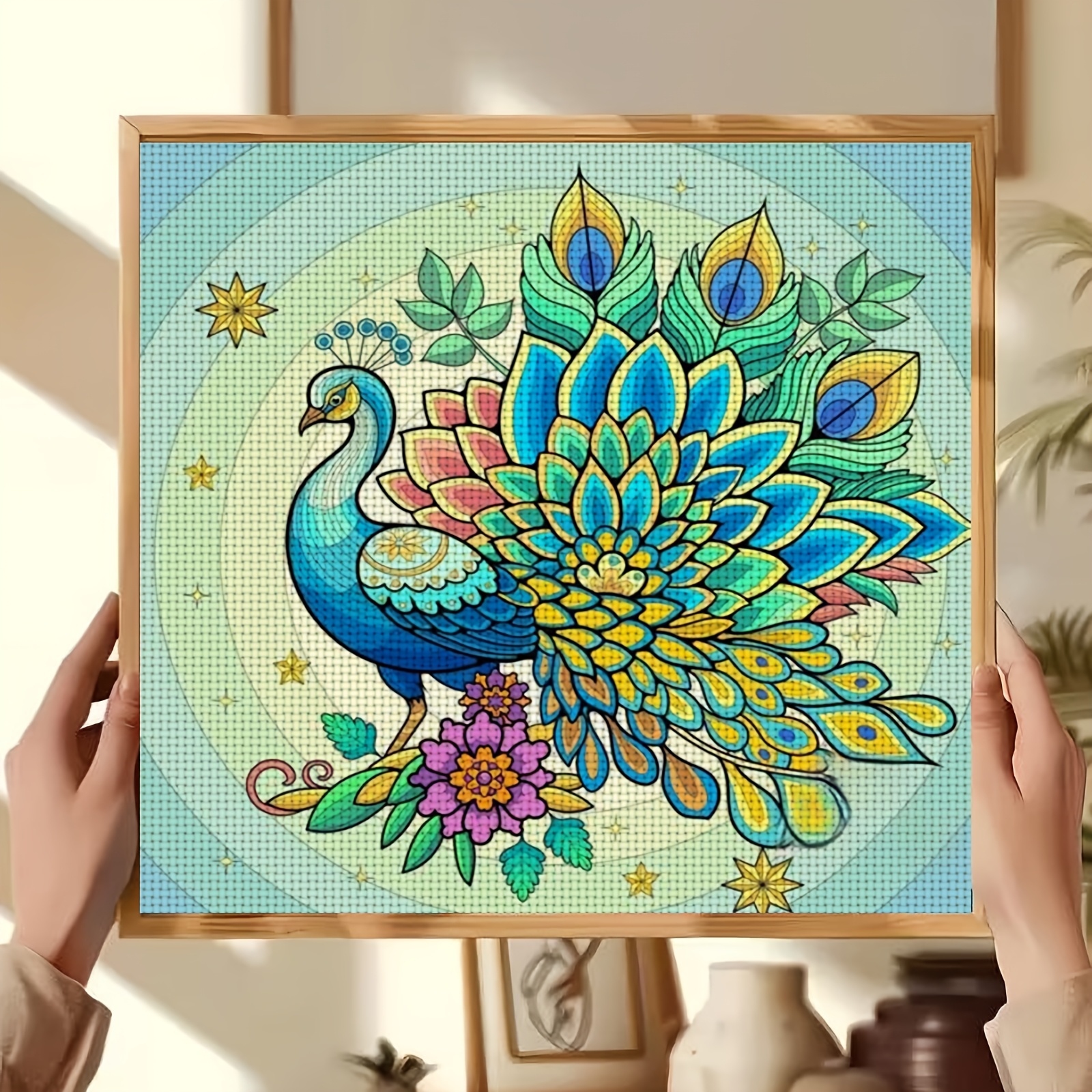 Cross-Stitch Printing Kit, 'Colorful Feather Peacock Illustration' Design