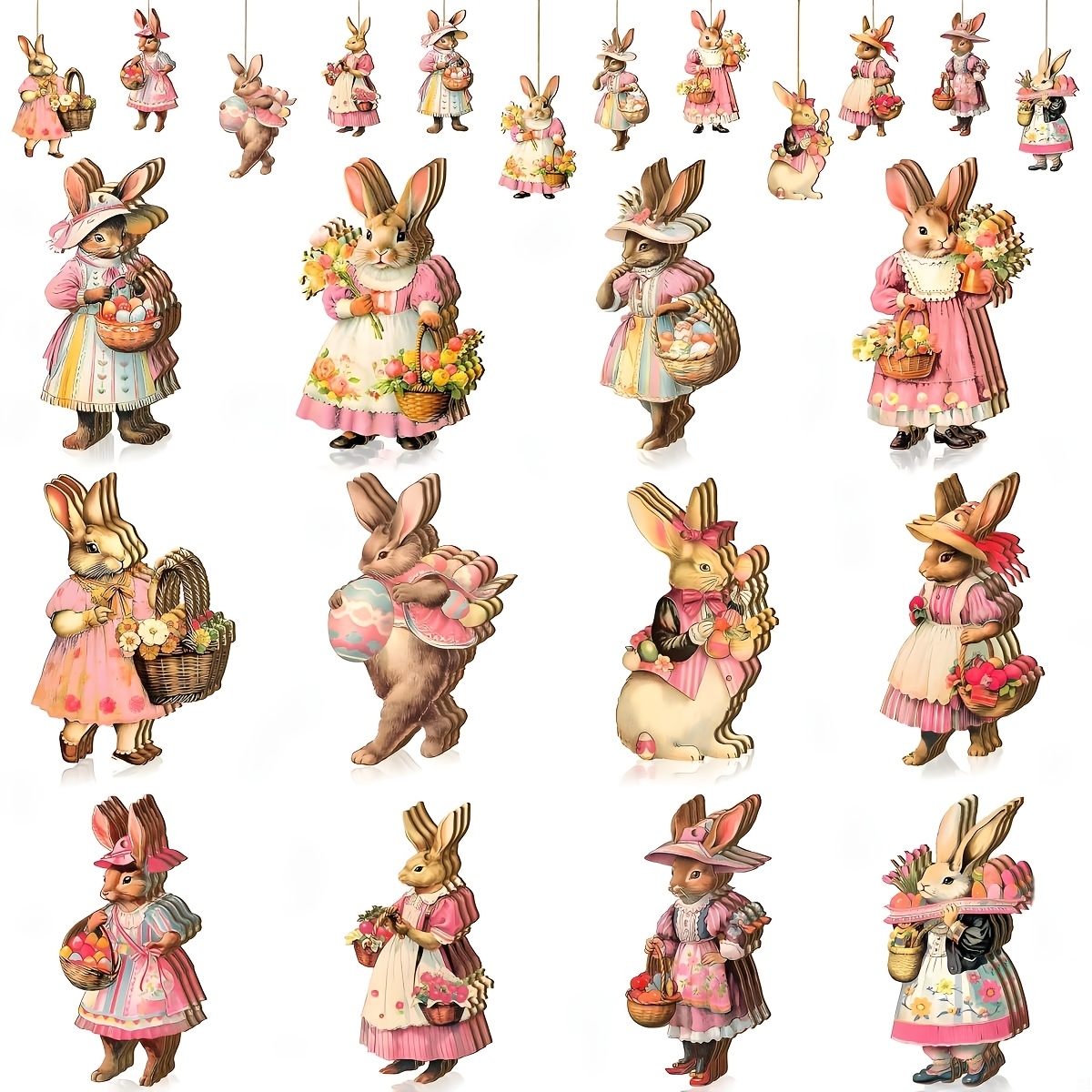 

24pcs Vintage Wooden Easter Bunny Ornaments Set, Themed Hanging Decorations For Home & Garden, Decor, No Electricity Needed