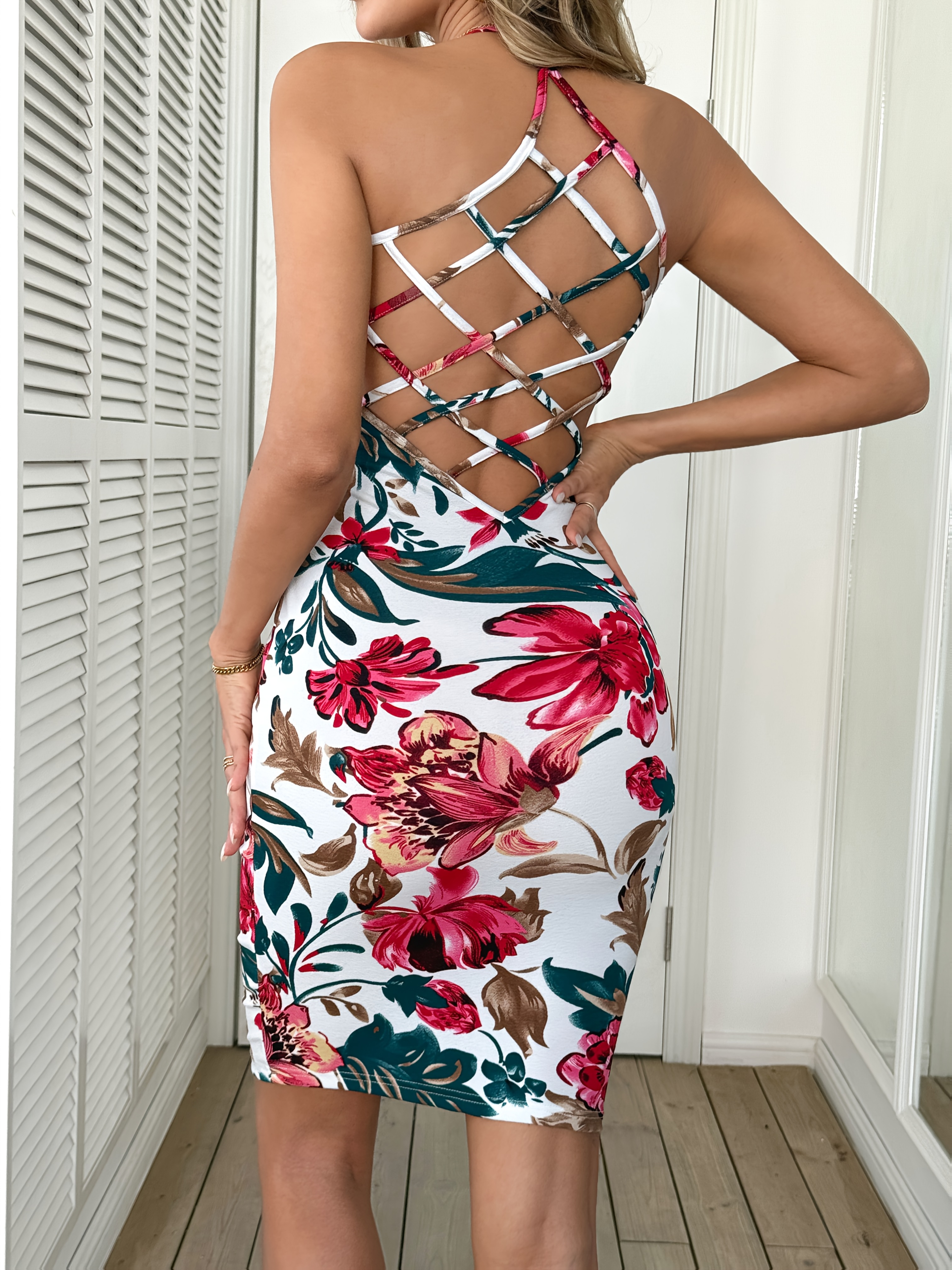 floral print spaghetti strap dress backless - Temu