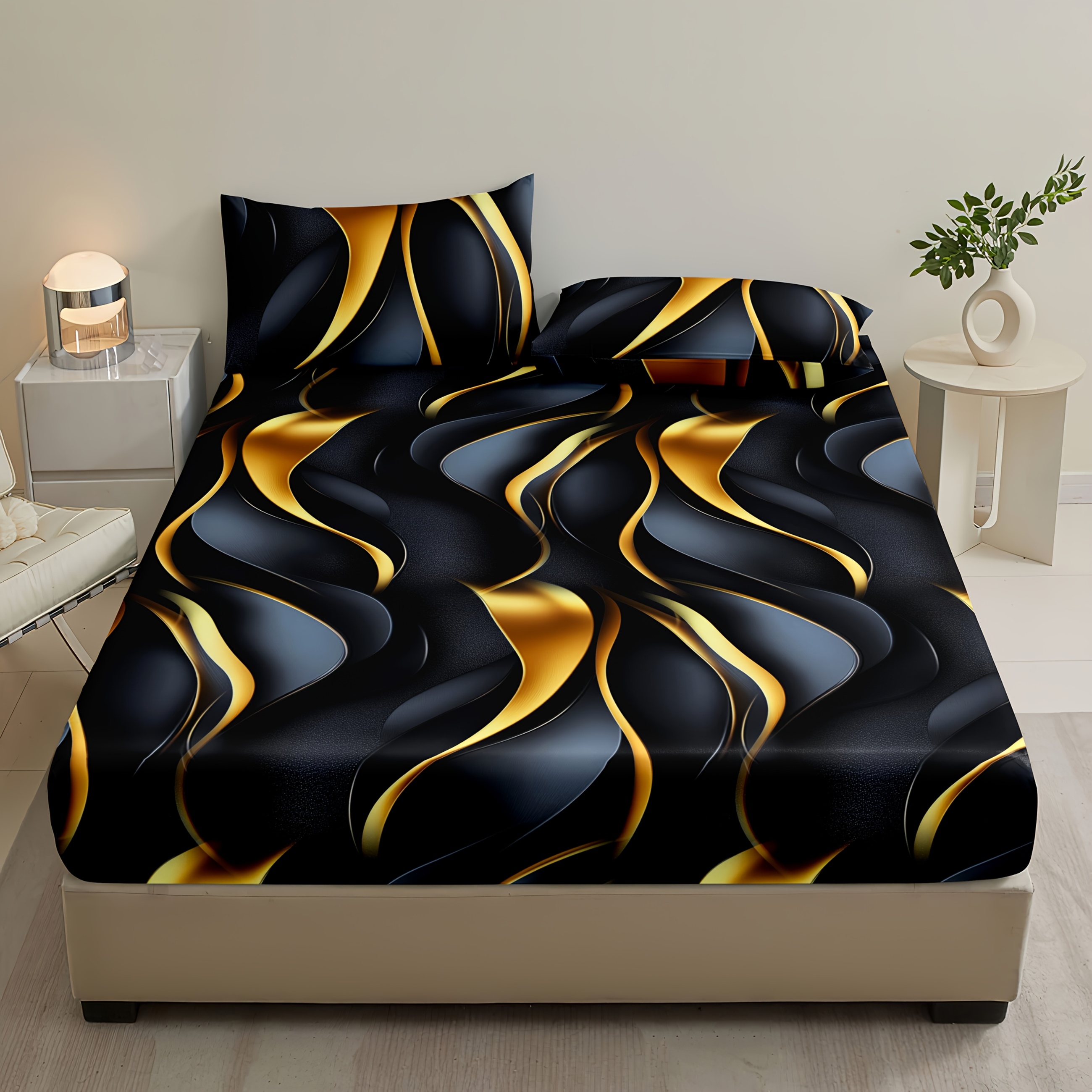 TEMU 3pcs Fitted Sheet Geometric Print Bedding Set, Stylish And Comfortable For Master & , 1 Flat + 2 Pillowcases (no Inserts)