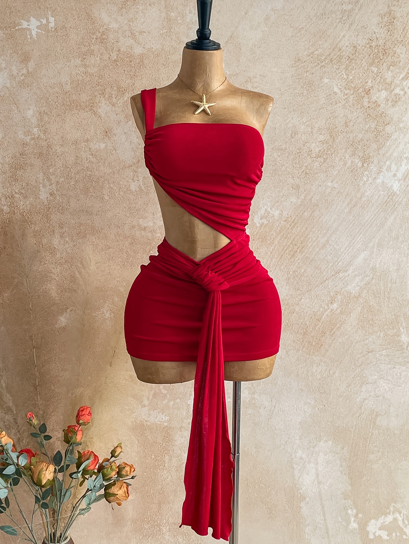 red asymmetric dress Catherine Red Asymmetrical Pleated Long-Sleeve Maxi Dress, XXL / Red main image 1