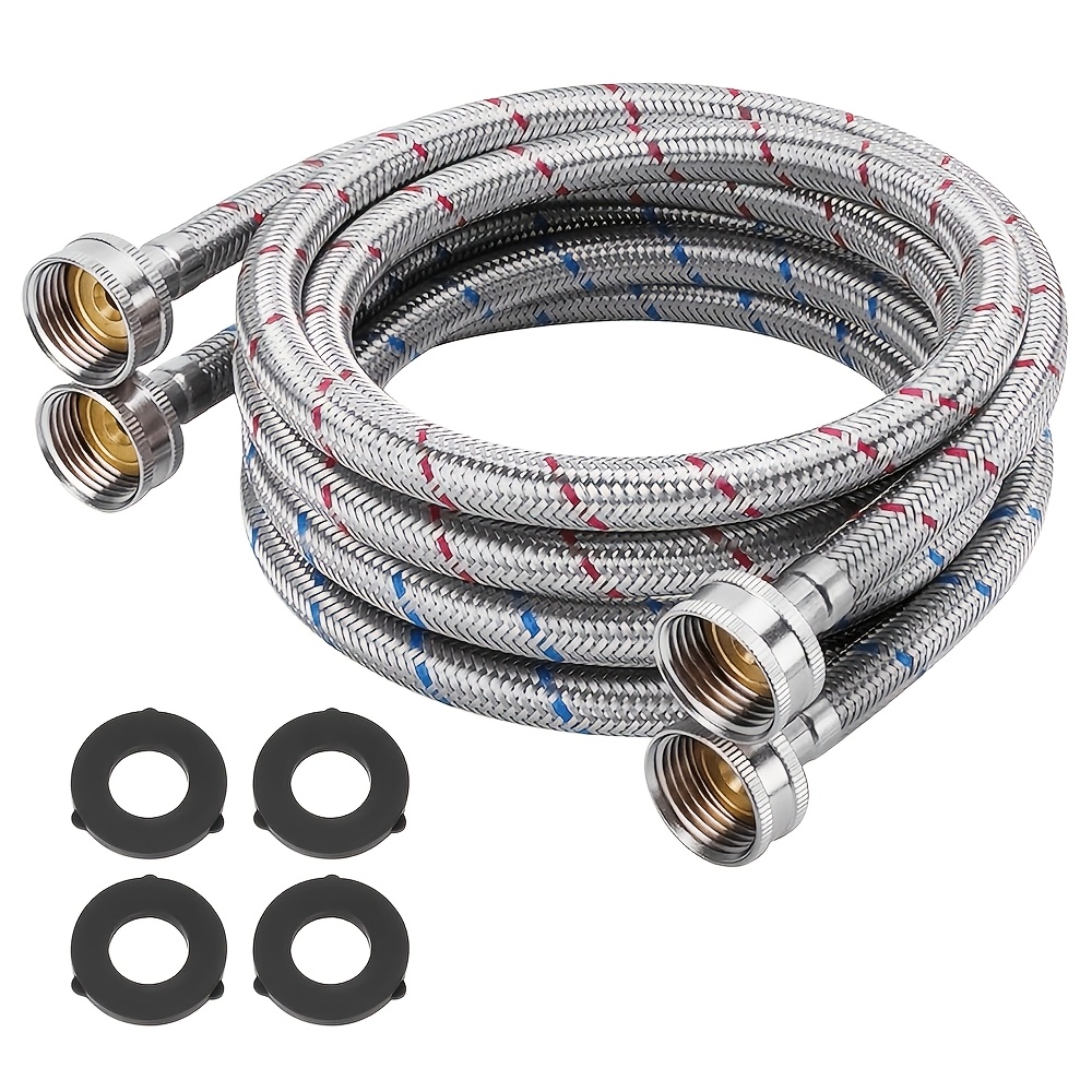 TEMU 6ft Stainless Steel Washing Machine Hoses 3/4" Npt Connection Red And Blue Braid Lines Hot And Cold Premium Washer Hoses (2 Pack)