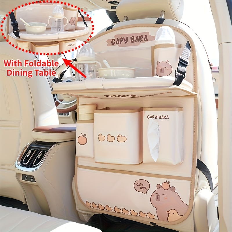 Convenient Seat Back Organizer - Upgraded Multifunctional With Foldable Table Board, Cup Holder, Trash Can, Tissue Box, And Kick Mat For Phones And Tablets - Dirt- And Wear- Capybara Pu Leather