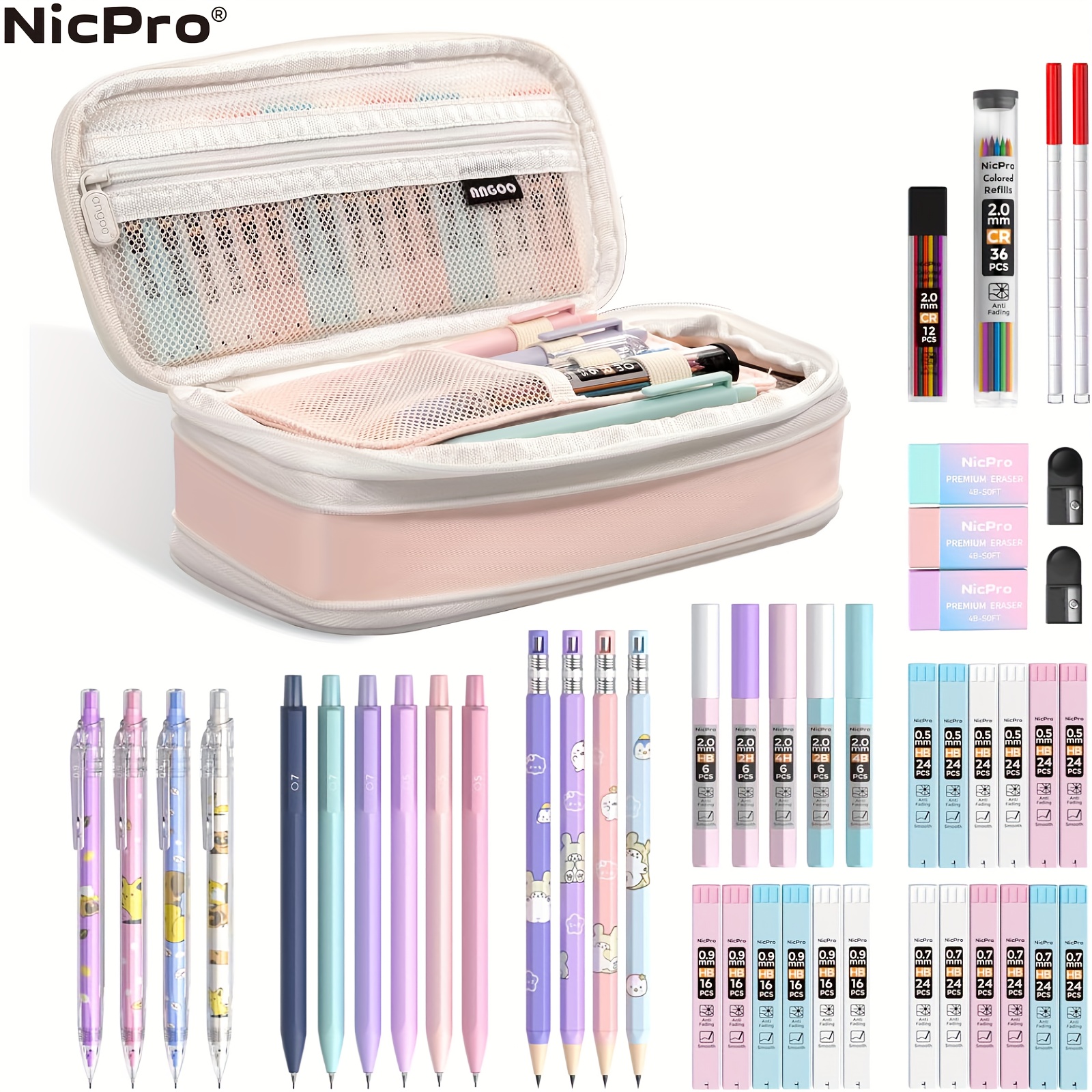 

Nicpro 47pcs Aesthetic School Supplies In Big Capacity Pen Case, Cute Pastel Mechanical Pencils 0.5, 0.7, 0.9 & 2mm Lead Holder With 25 Tube Lead Refills 4b 2b Hb 2h Color, Erasers For Student