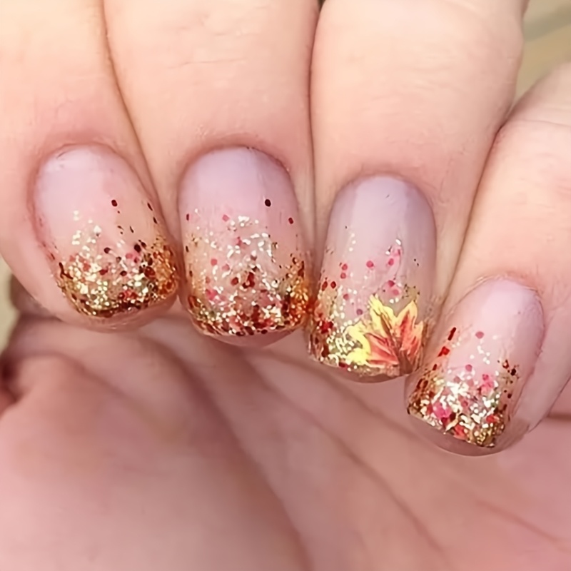 Image of 24pcs Fall Press On Nails, Autumn Golden Maple Leaf Glitter Design, Glossy Short Fake Nails, Reusable Removable Nail Tips For Women
