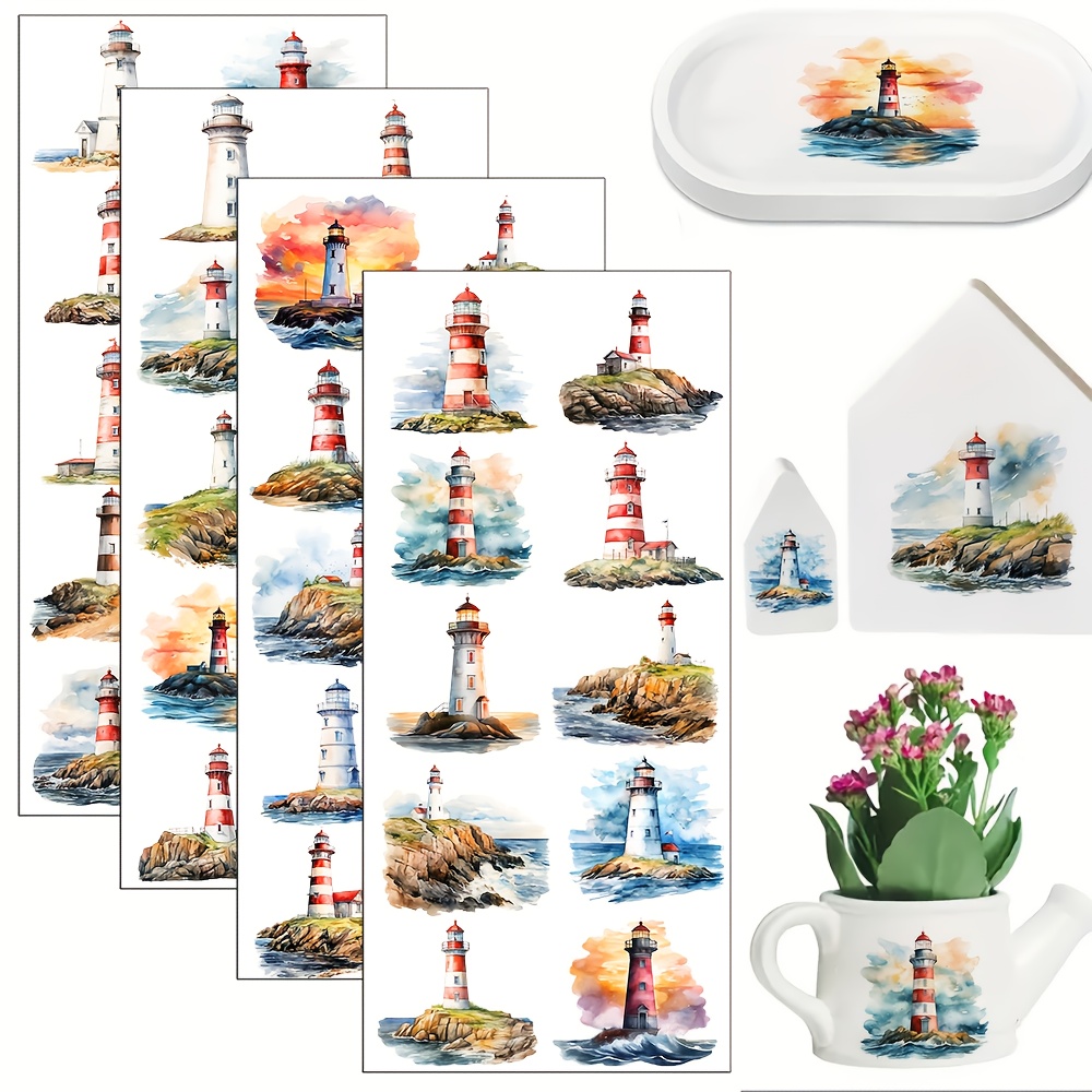 TEMU 40pcs de manchons de tasse UV DTF sur le thème du phare - Papier de transfert à motif d'île océanique de phare, adapté aux tasses en verre de 16