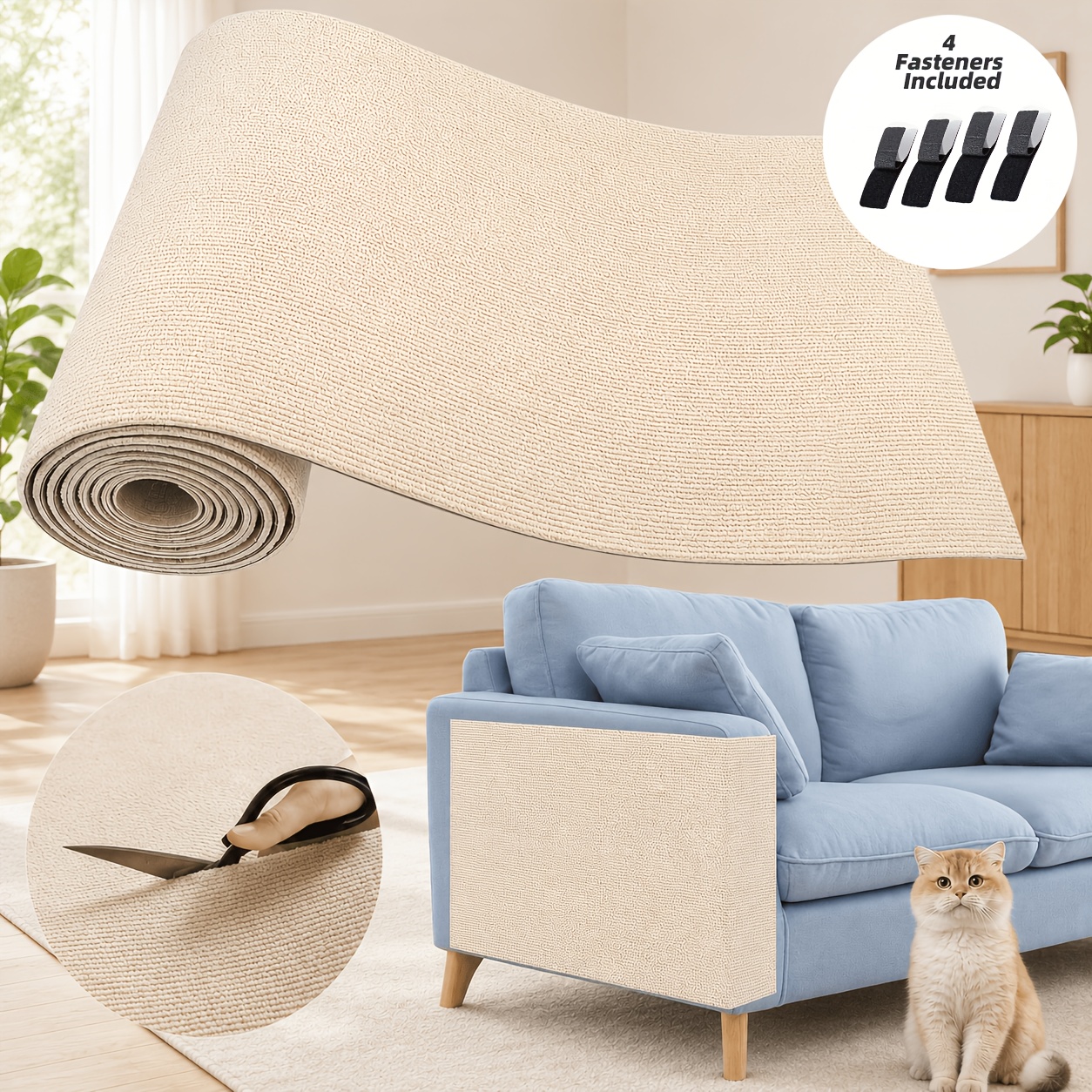 TEMU 4pcs Reinforced Stickers + 30*100cm Self-adhesive Cat Scratching Mat, Residue-free Removable, Scratch-resistant Surface, Durable Polyester Felt,
