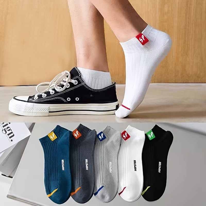 5 Pairs/10 Pairs Men'S Trendy Alphabet Pattern Socks, Polyester 95% & Elastane 5%, Knit Fabric, Anti-Odor, Shallow Cuff, All-Season Boat Socks, Machine Washable, Versatile & Fashionable