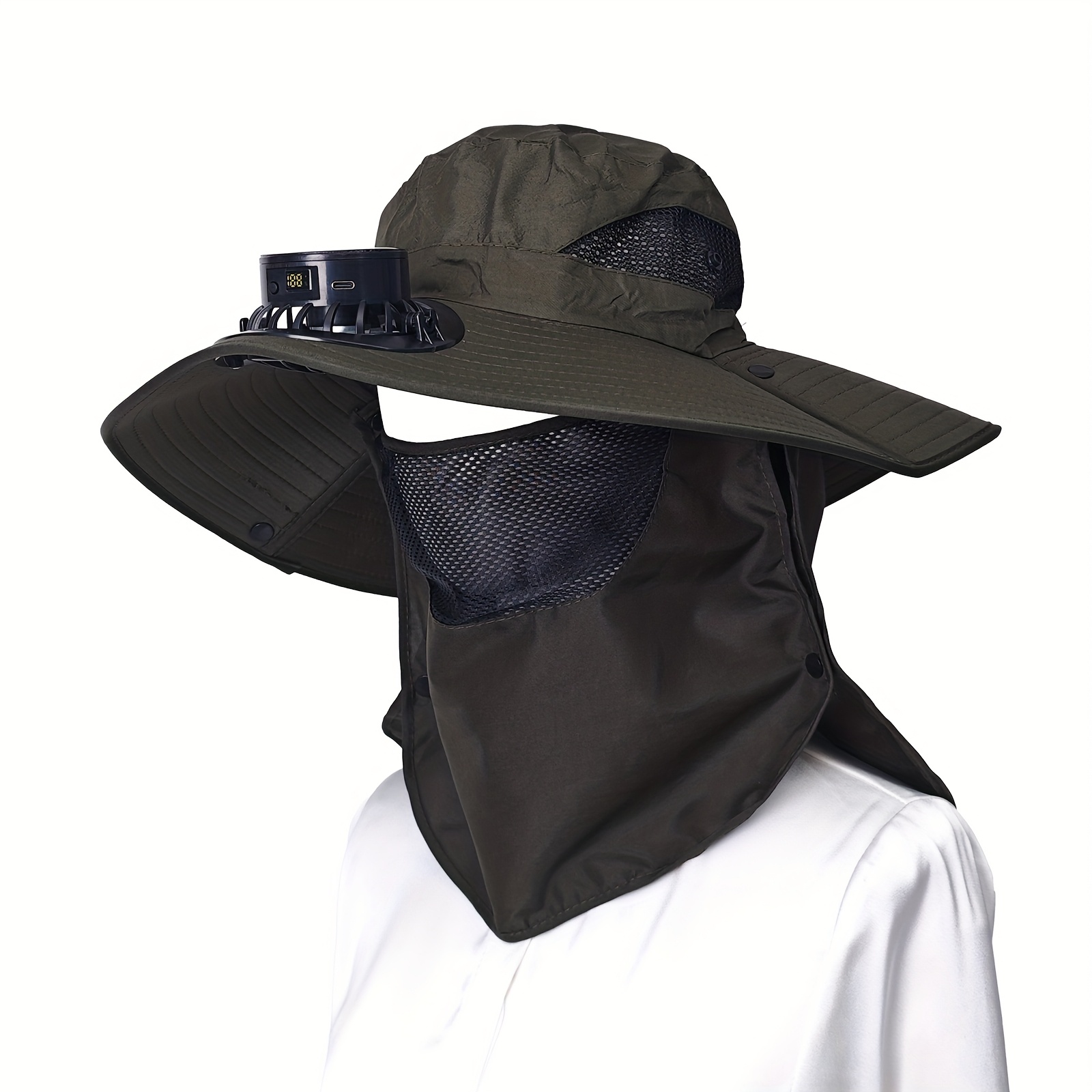 solar powered usb rechargeable fan cap with lcd display 5 wind speed settings detachable mesh mask for outdoor travel fishing hiking breathable cooling sun protection fan for head hiking gear outdoor headwear adjustable headgear durable headwear details 5