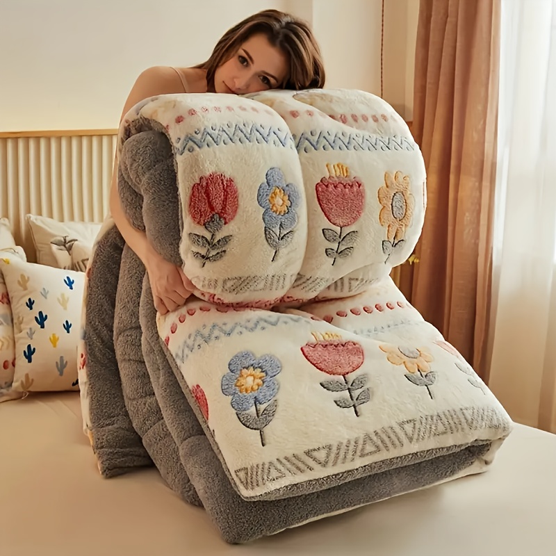 E-shop 1 Winterdecke im böhmischen Stil mit Verdickung - Weiche, warme und bequeme Schneeflocken-Plüschdecke mit lebendigen Blumen- und geometrischen