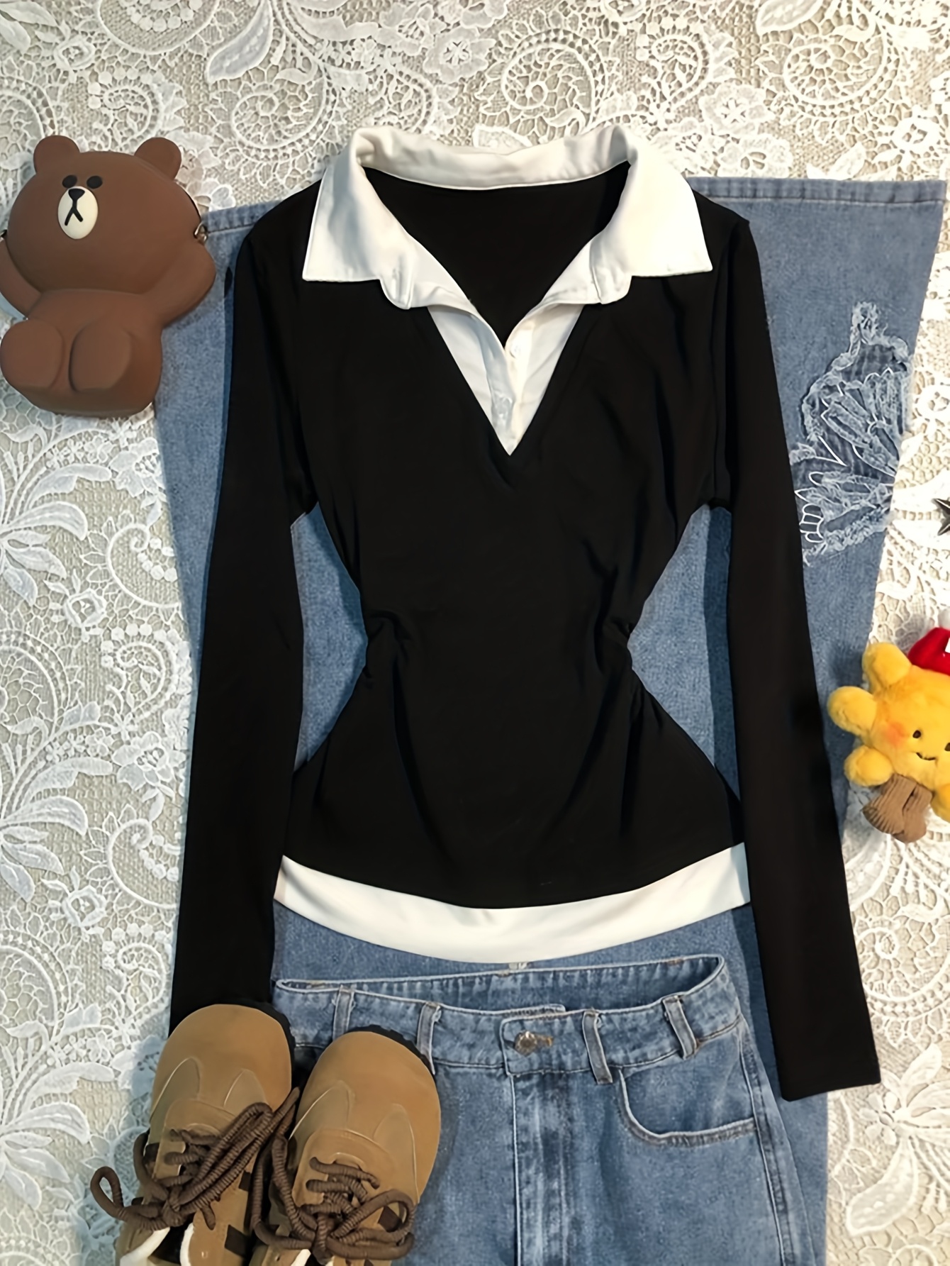 sweet and spicy   two piece long sleeved shirt collar base shirt womens autumn and winter korean style college style     comfortable inner wear t shirt design sense niche unique pure desire style   style fashion half open collar