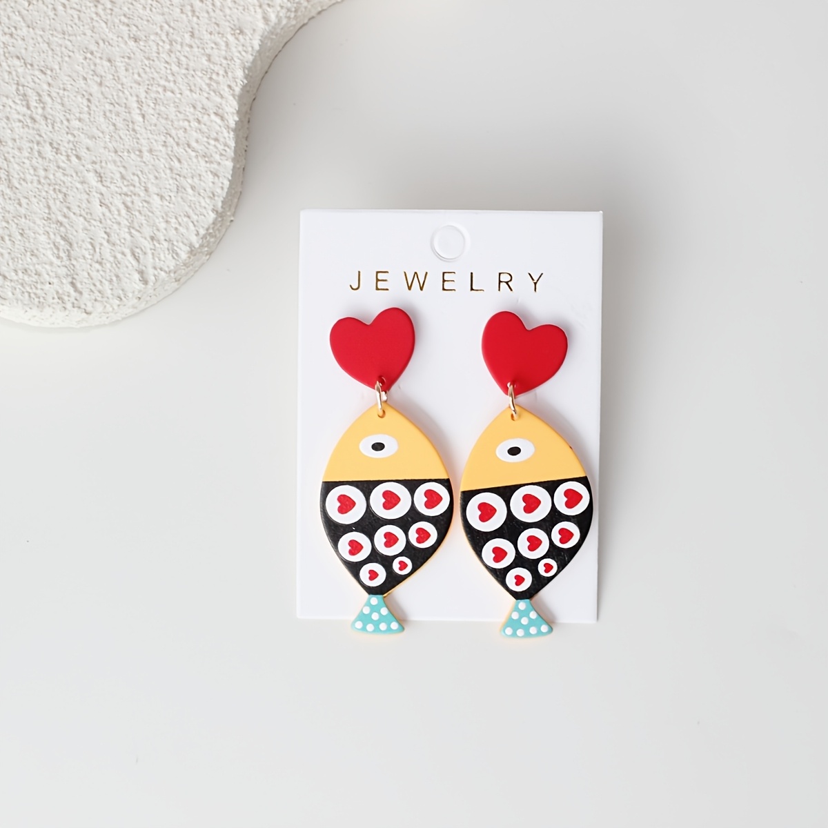 TEMU 1 di Orecchini Pendenti da Donna in Acrilico a Forma di Pesce e Cuore, con Texture Argilla, Eleganti e Carini, Adatti per l'Uso , per Feste,
