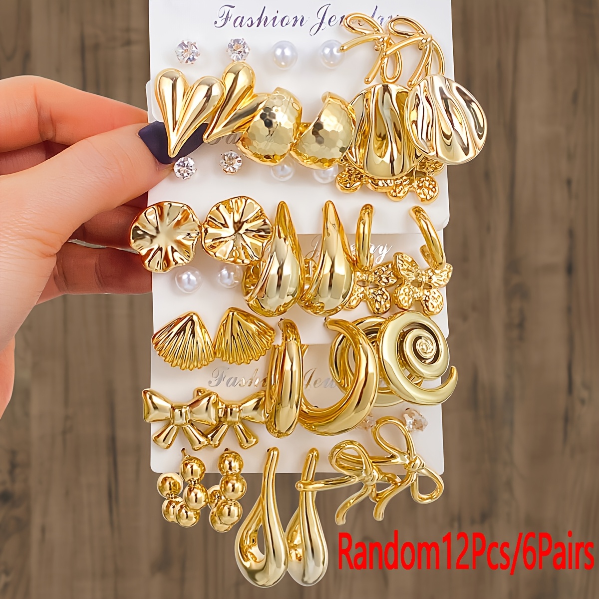 TEMU Random 12pcs/6 Pairs Vintage Fashion , Flower, Heart, Star, Shell, Spiral, Geometric Metal Earring Card Set For Women, Elegant, , Light Luxury,